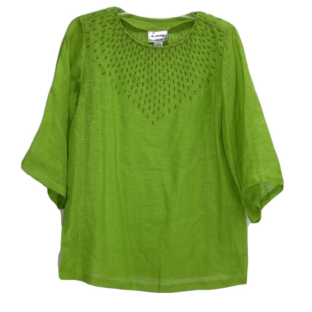 Linea Louis Dell'Olio Shirt Top Linen 2 Piece Blouse Beading Oversized XS Green